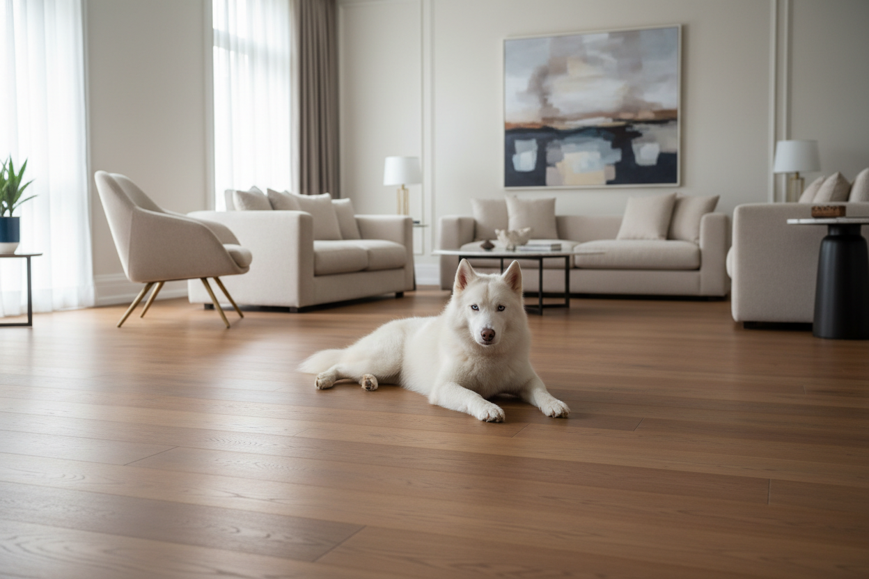 Mccarran Thornburg flooring with husky on stomach