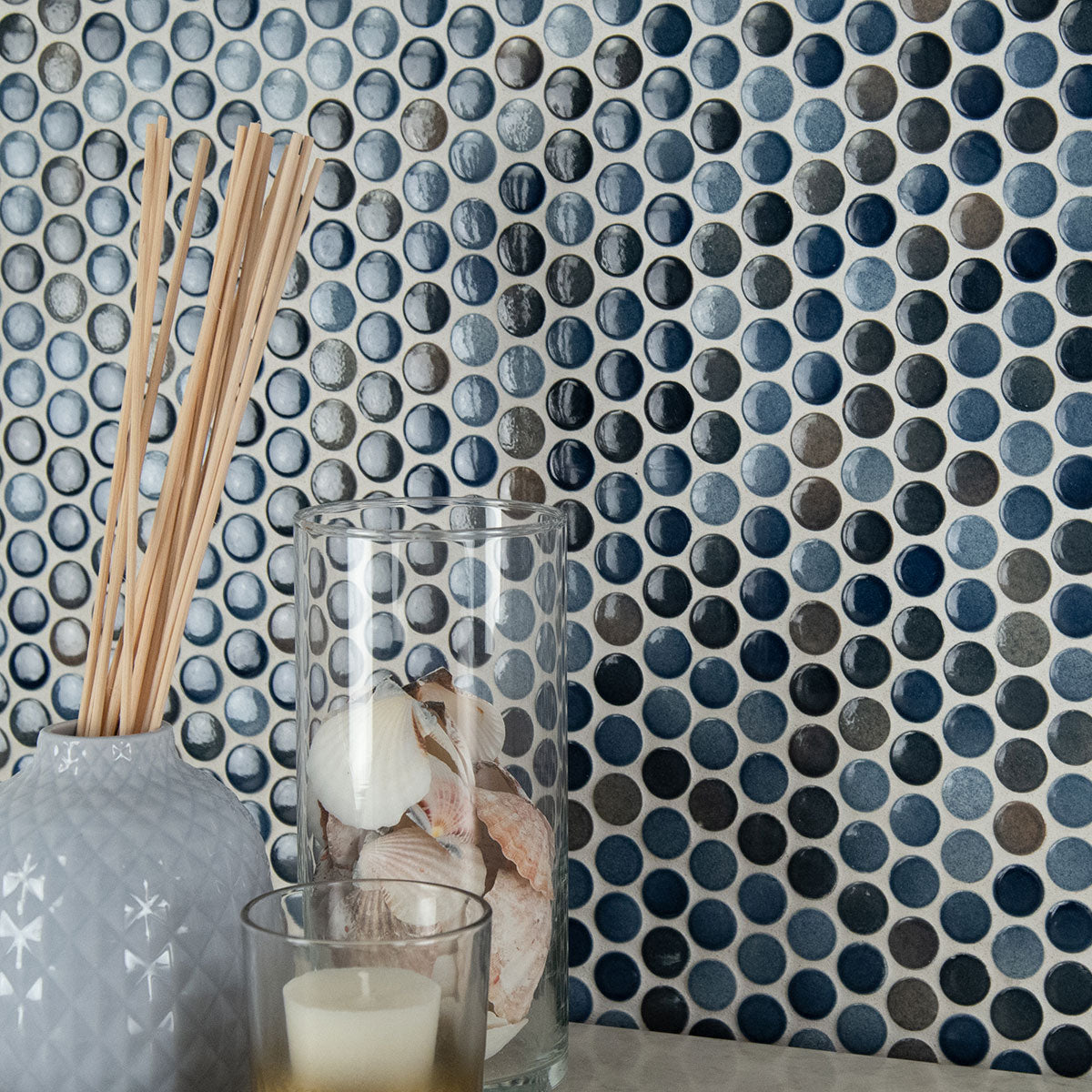 Azul Penny Round Glossy Porcelain Mosaic